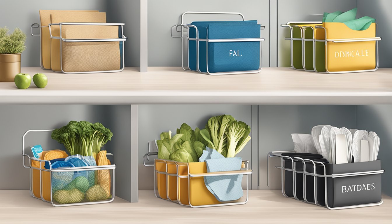 Ten file organizers repurposed in kitchen: holding reusable bags, labeled for easy access