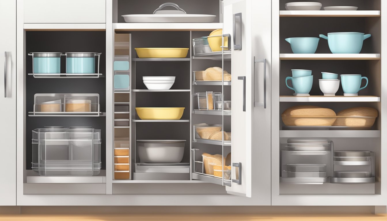 A kitchen cabinet with slide-out organizers neatly holding baking supplies in a tidy and efficient manner