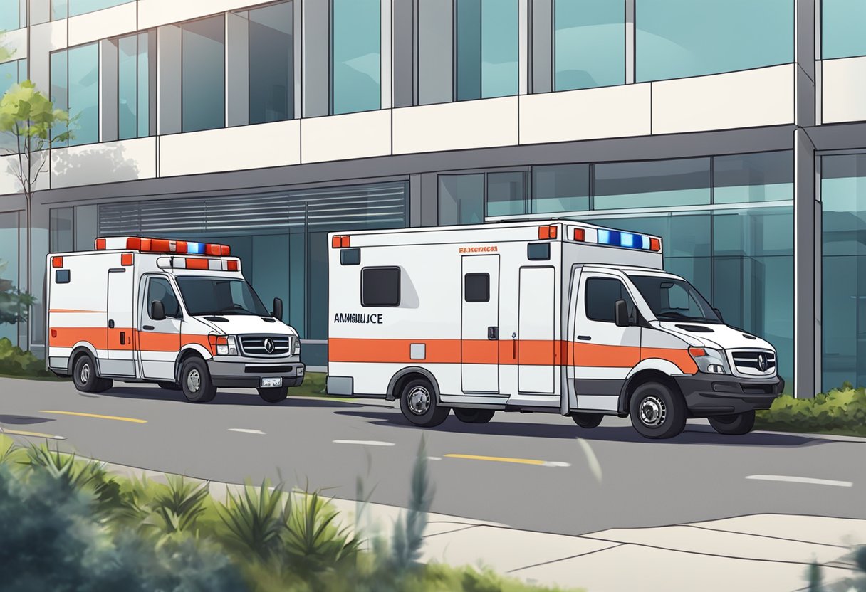 Uma ambulância particular estacionada do lado de fora de um hospital, com paramédicos carregando equipamentos médicos.