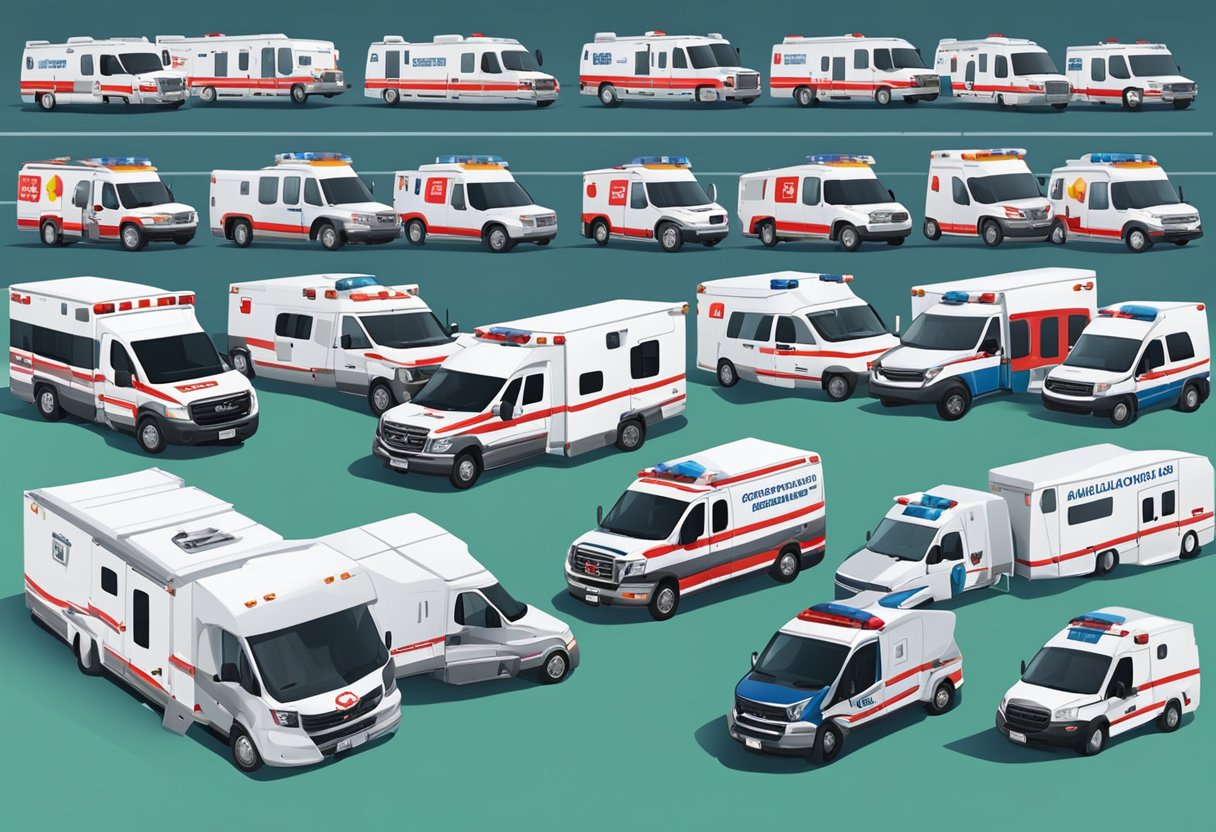 Uma frota de ambulâncias alinhadas, cada uma com especificações e características diferentes, mostrando a variedade de opções de ambulâncias privadas disponíveis.
