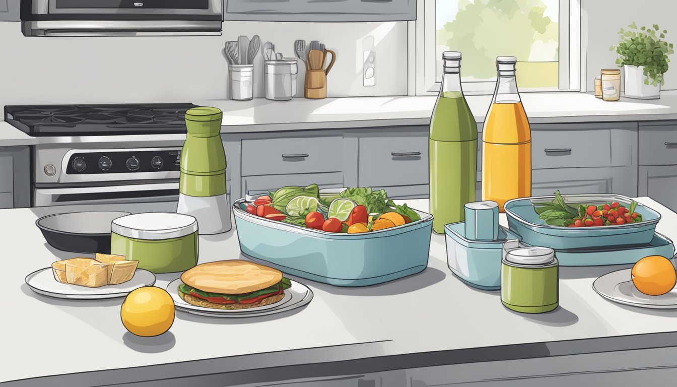 Stackable containers neatly arranged with dinner party essentials and a soda maker on a clean kitchen counter