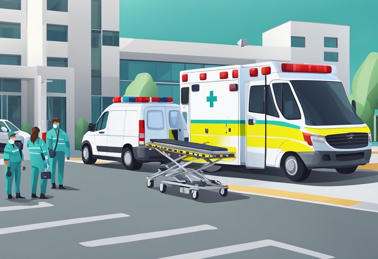 Uma ambulância com equipamentos médicos avançados e uma maca, estacionada do lado de fora de um hospital ou unidade médica, com paramédicos atendendo ao veículo.
