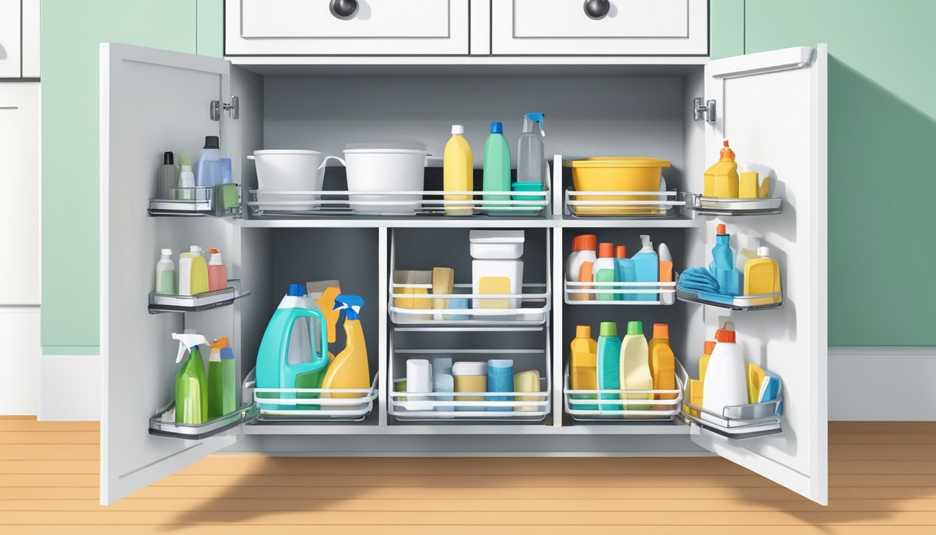 A slide-out organizer in a tidy kitchen cabinet, holding various cleaning supplies and neatly arranged for easy access