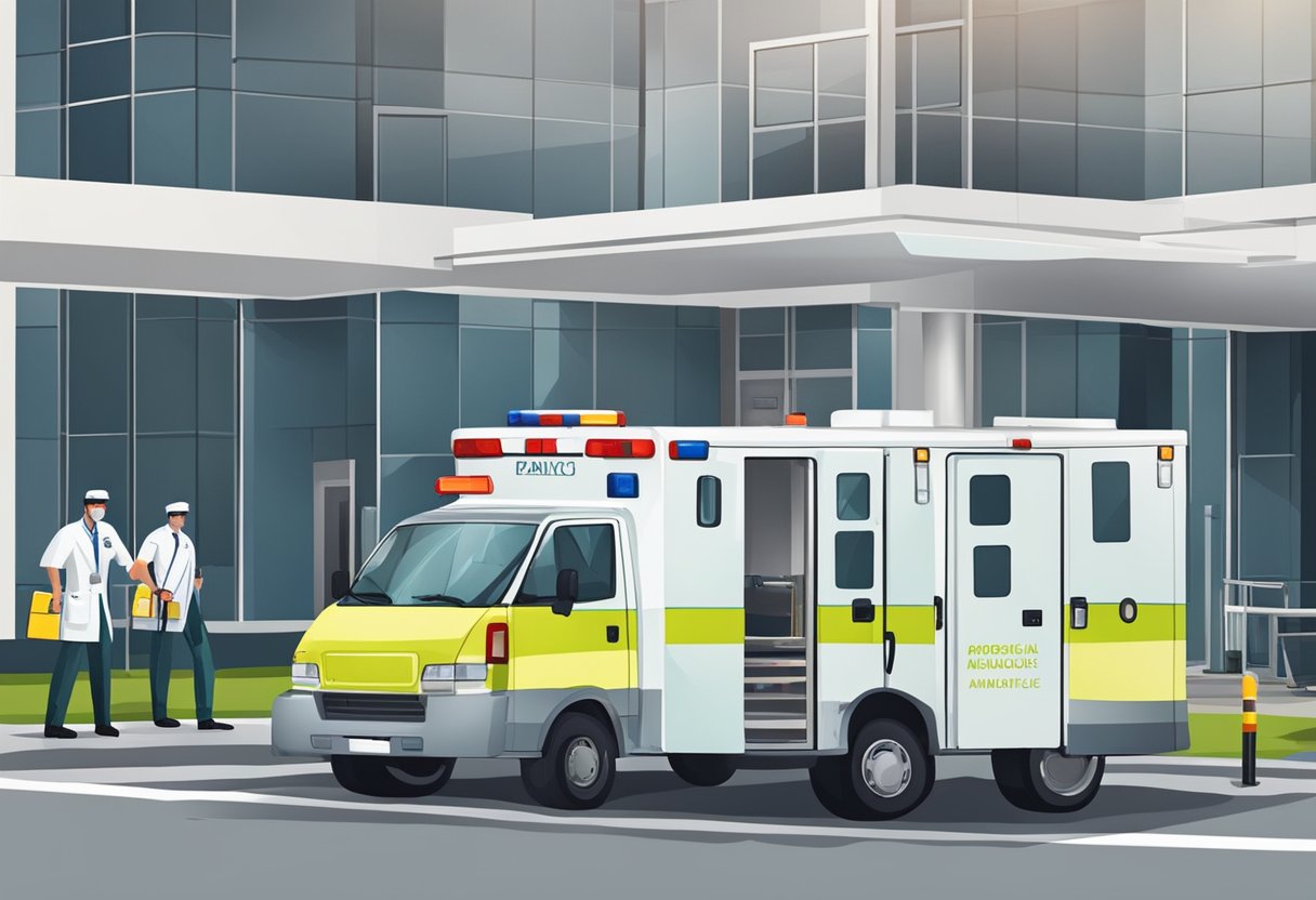 Uma ambulância particular estacionada do lado de fora de um hospital, com paramédicos carregando equipamentos médicos.