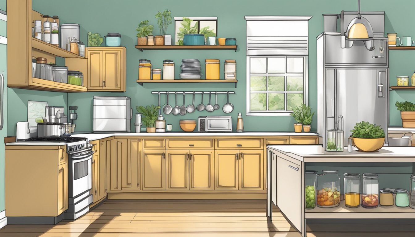 A kitchen with labeled shelves and drawers, neatly organized with dinner party essentials and a soda maker on the countertop