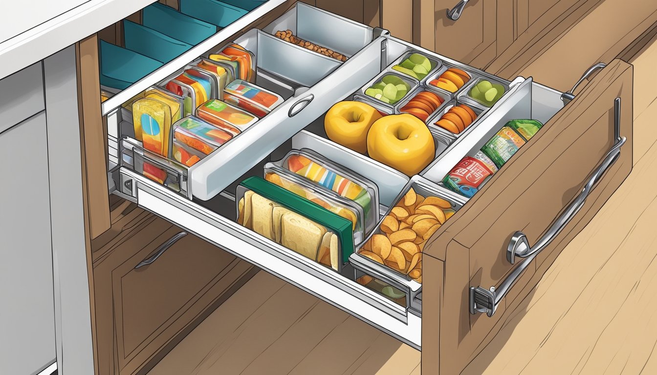 A kitchen drawer with slide-out organizers holding various snack items in an efficient and organized manner