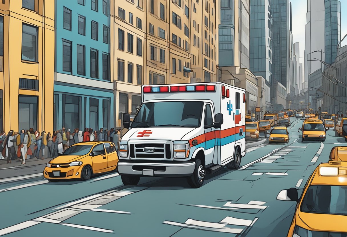 Uma ambulância correndo pelas ruas da cidade, sirenes tocando, enquanto navega pelo tráfego em direção a um destino