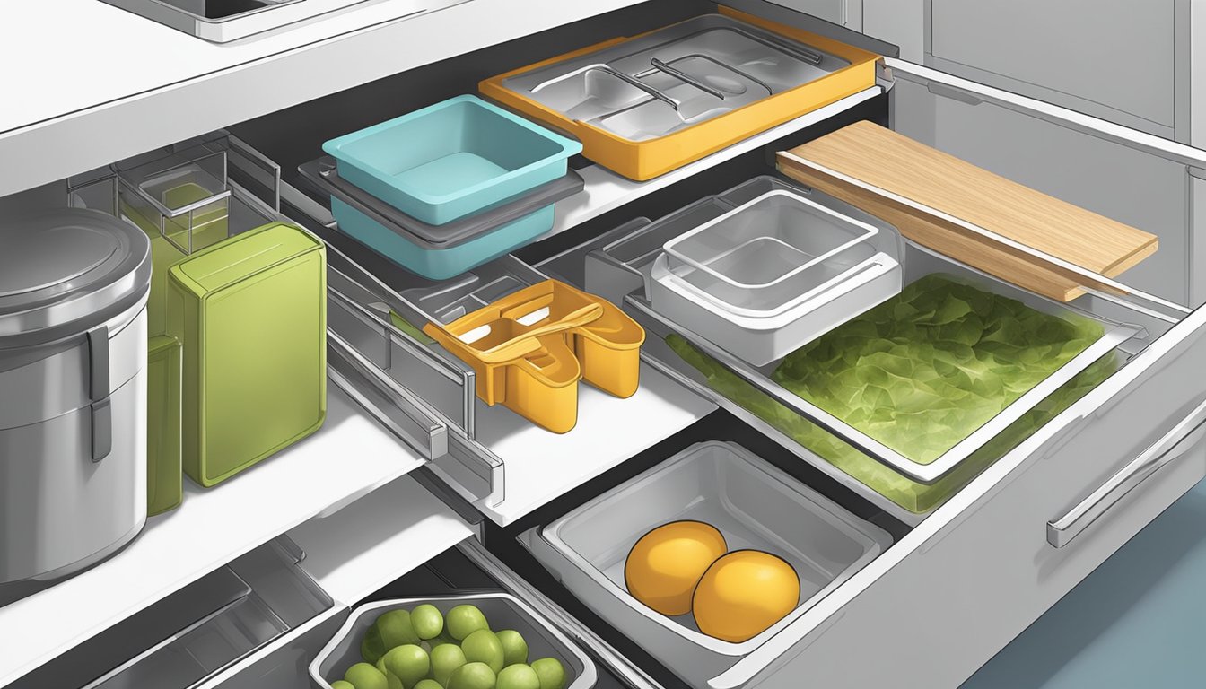 Slide out organizers neatly store kitchen items. Countertops are clear, showcasing efficient space management