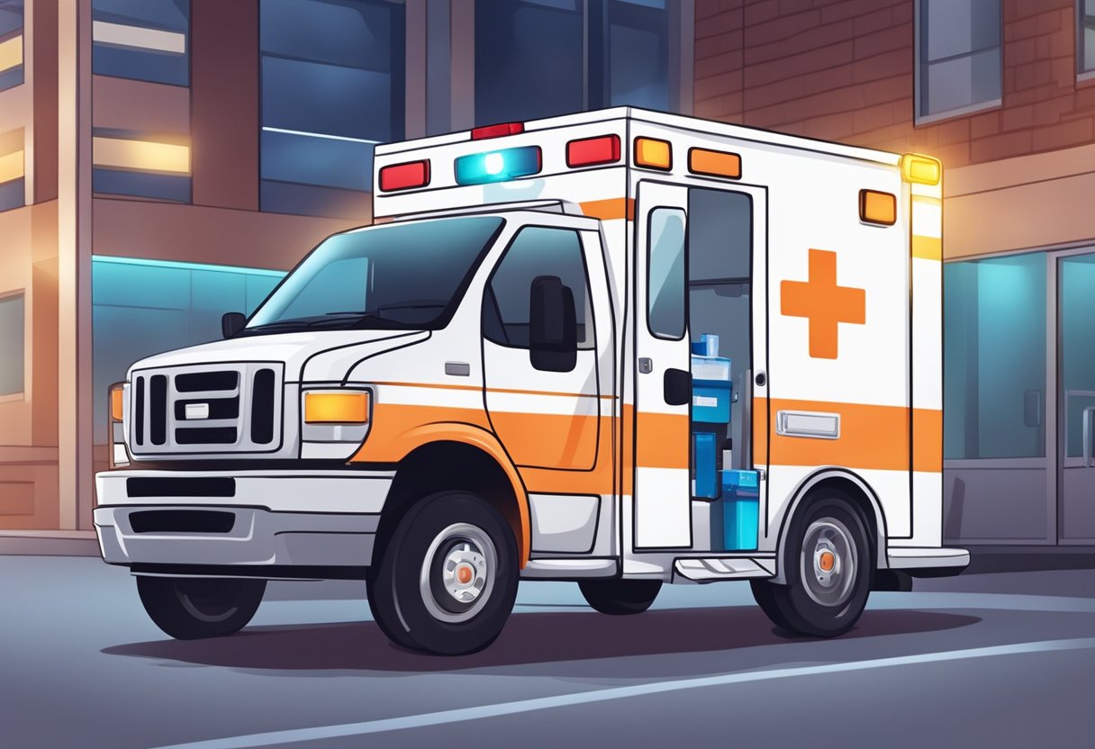 Uma ambulância com luzes brilhantes e um kit de primeiros socorros, estacionada do lado de fora de um hospital.