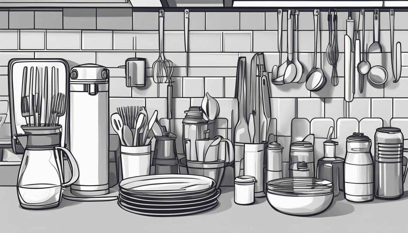 Similar utensils grouped on a clean, organized kitchen counter. A soda maker sits nearby, ready for use