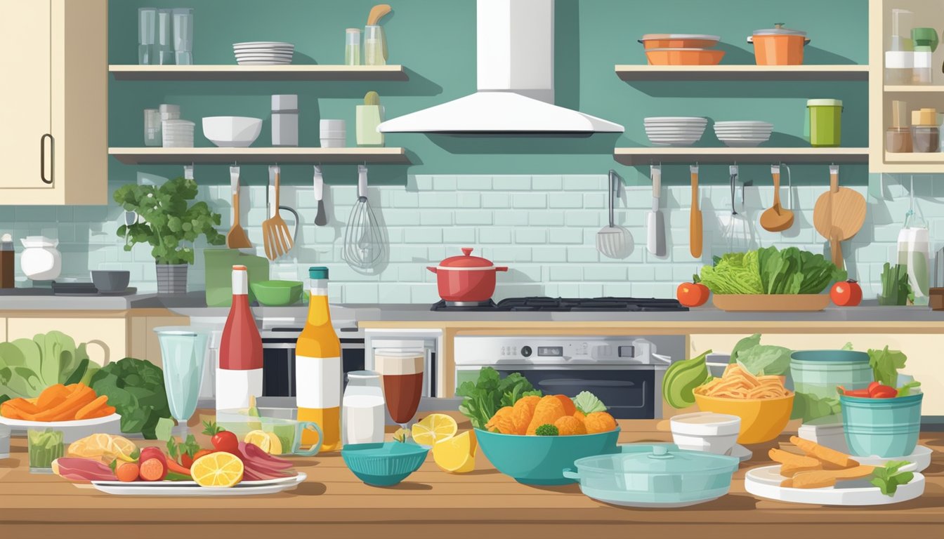 A well-organized kitchen with a soda maker on the counter, surrounded by neatly arranged dinner party essentials and ingredients