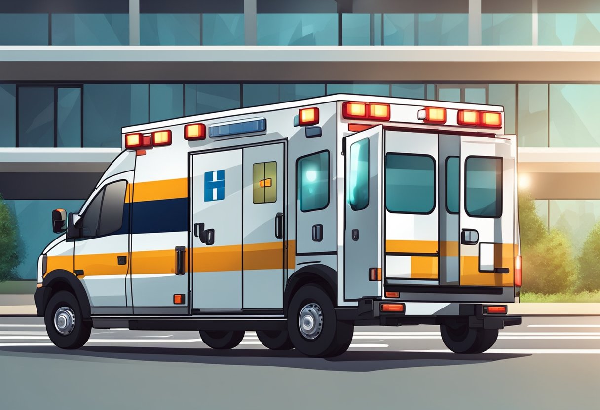 Uma ambulância moderna estacionada do lado de fora de um hospital, com suas luzes de emergência piscando e as portas traseiras abertas, pronta para receber pacientes.
