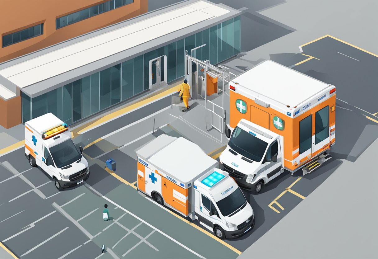 Uma ambulância estacionada do lado de fora de um hospital, com equipamentos médicos essenciais sendo descarregados do veículo.
