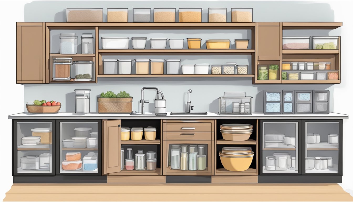 Utensils neatly arranged in designated sections, ice cream maker on counter, labeled containers for ingredients, clear workspace, and labeled shelves for easy access