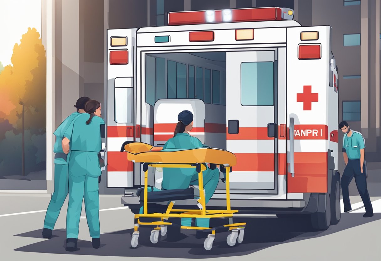 Uma ambulância estacionada do lado de fora de um hospital, com suas luzes piscando e paramédicos atendendo a um paciente em uma maca.