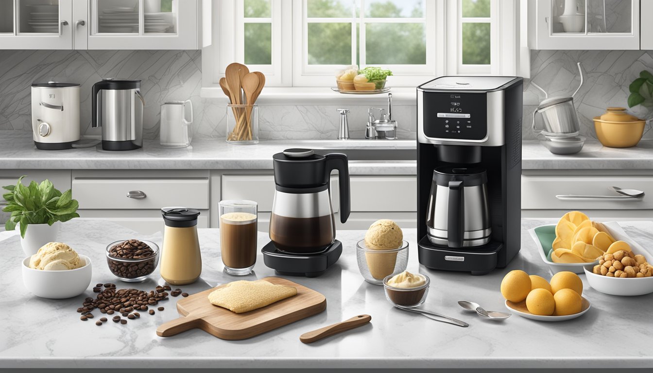 A sleek coffee station sits on a marble countertop, surrounded by neatly organized kitchen tools and ingredients for a dinner party. An ice cream maker is prominently displayed, ready for use