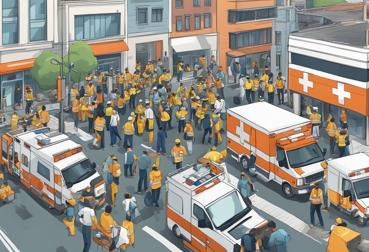 Uma rua movimentada com uma ambulância cercada por curiosos e pessoal de emergência, com vários fatores como localização e equipamentos médicos influenciando o custo.