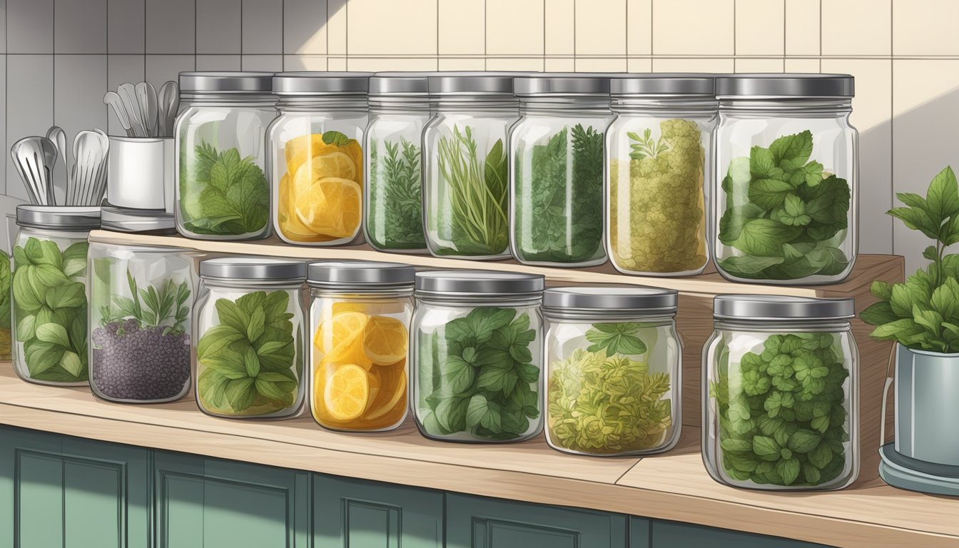 Clear herb jars neatly arranged on a shelf, surrounded by kitchen utensils and an ice cream maker