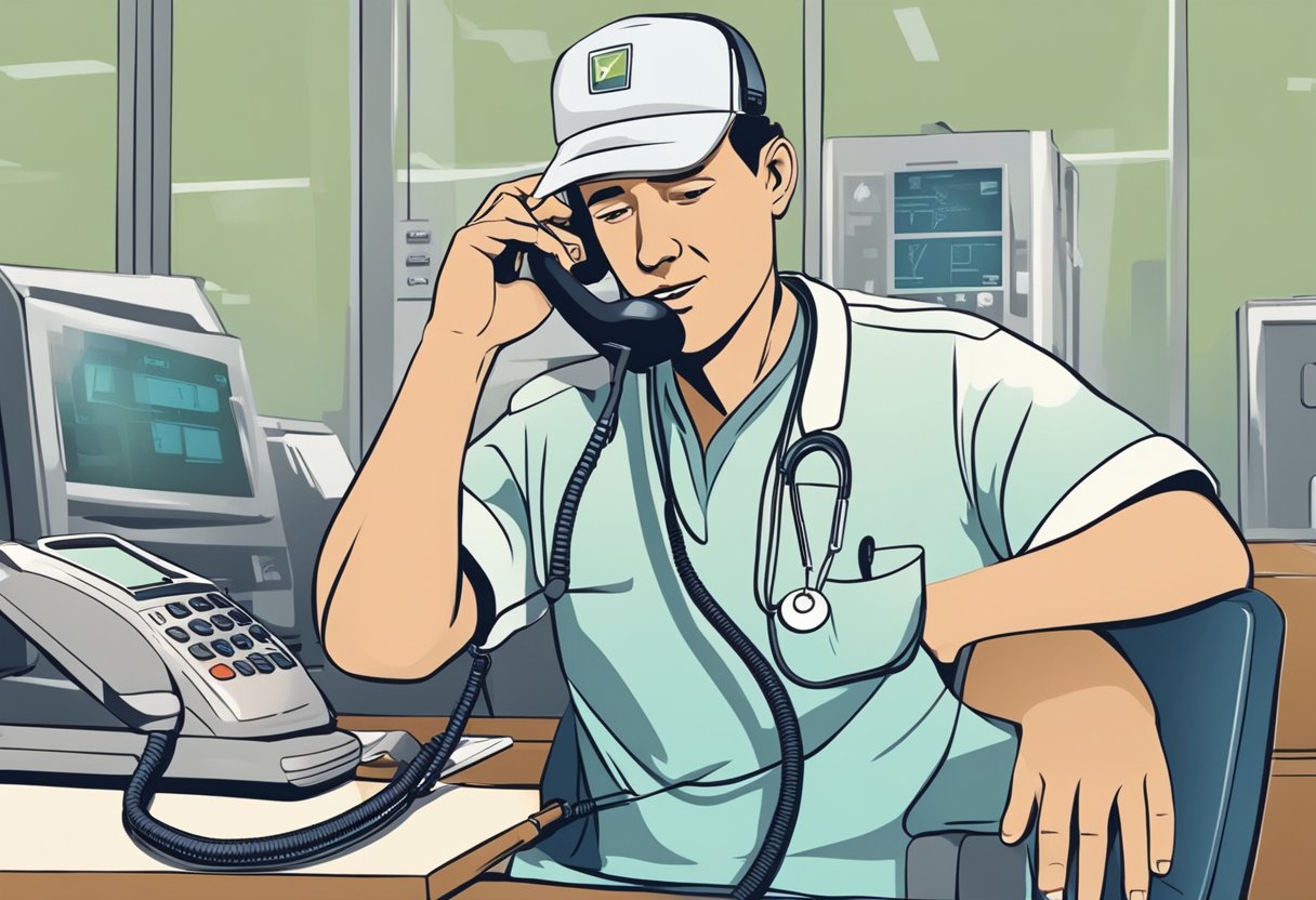Uma pessoa ligando para um serviço médico pelo telefone, com um senso de urgência na expressão.
