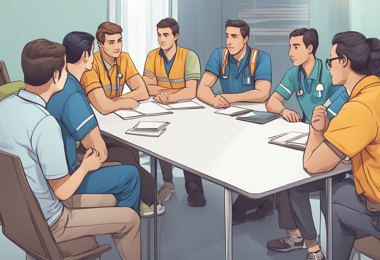 Um grupo de pessoas se reuniu em torno de uma mesa, discutindo e fazendo perguntas importantes antes de contratar um serviço de ambulância.