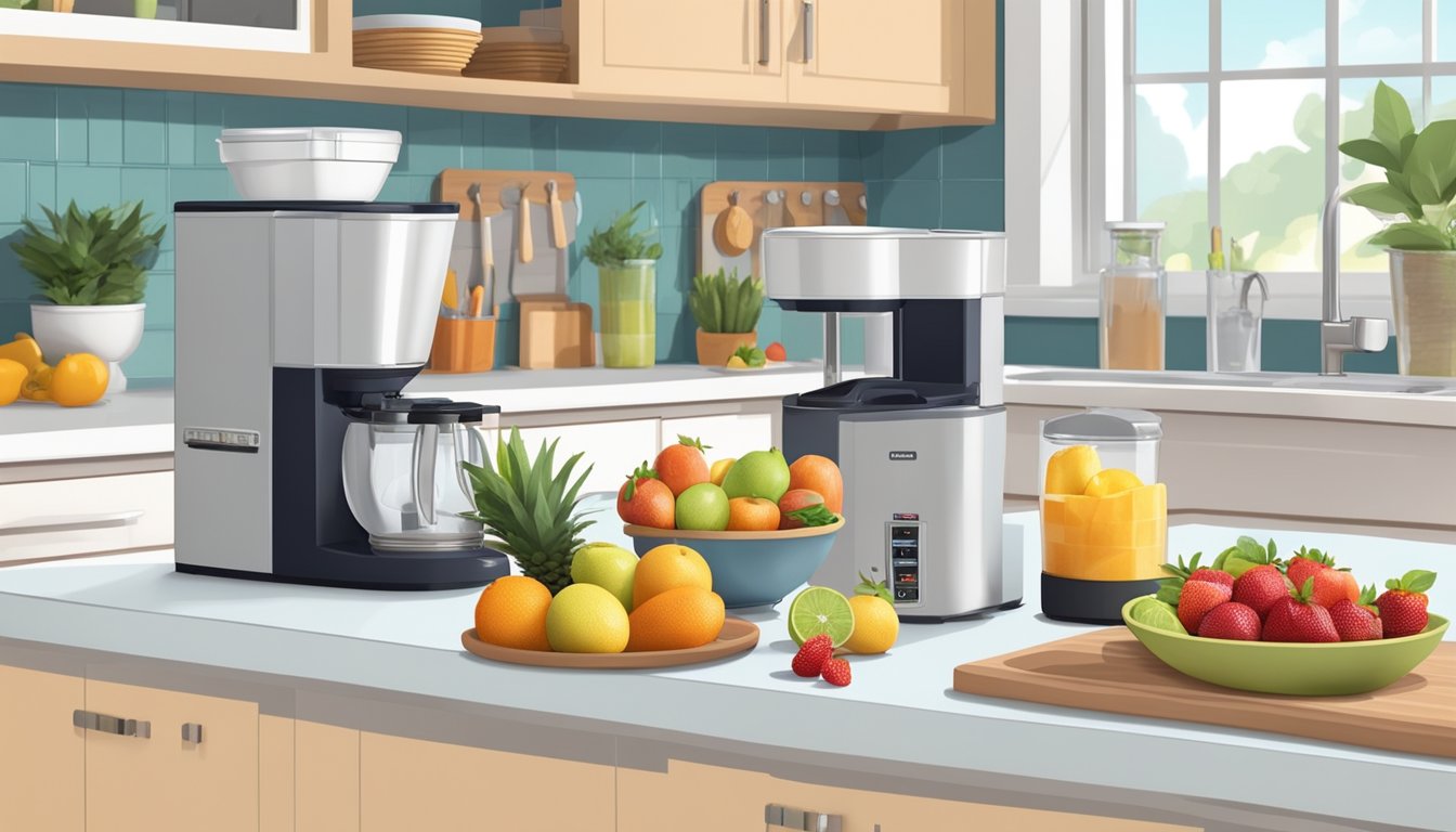 A clean, spacious kitchen counter with neatly arranged bowls of fresh fruit, toppings, and utensils, alongside an ice cream maker ready for use