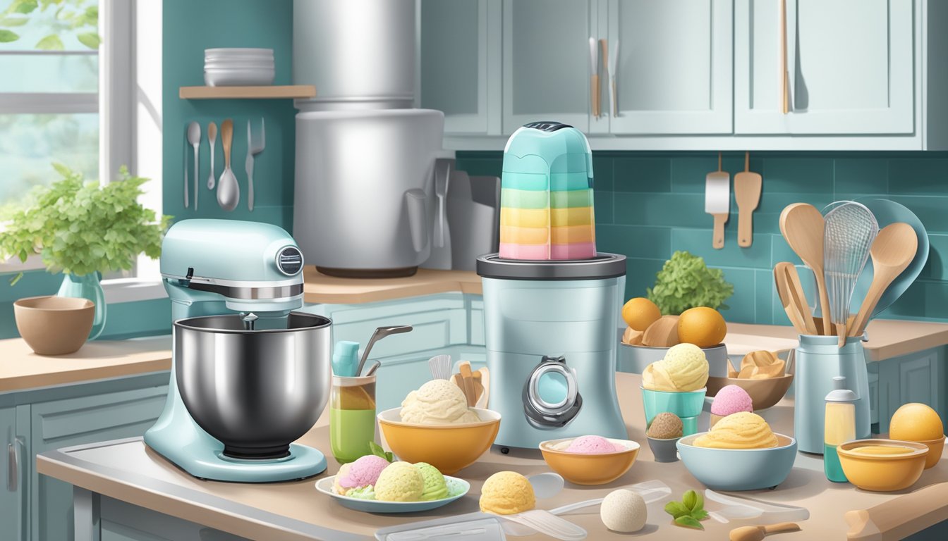 The ice cream maker sits in the center of a tidy, organized kitchen, surrounded by neatly arranged cooking utensils and ingredients