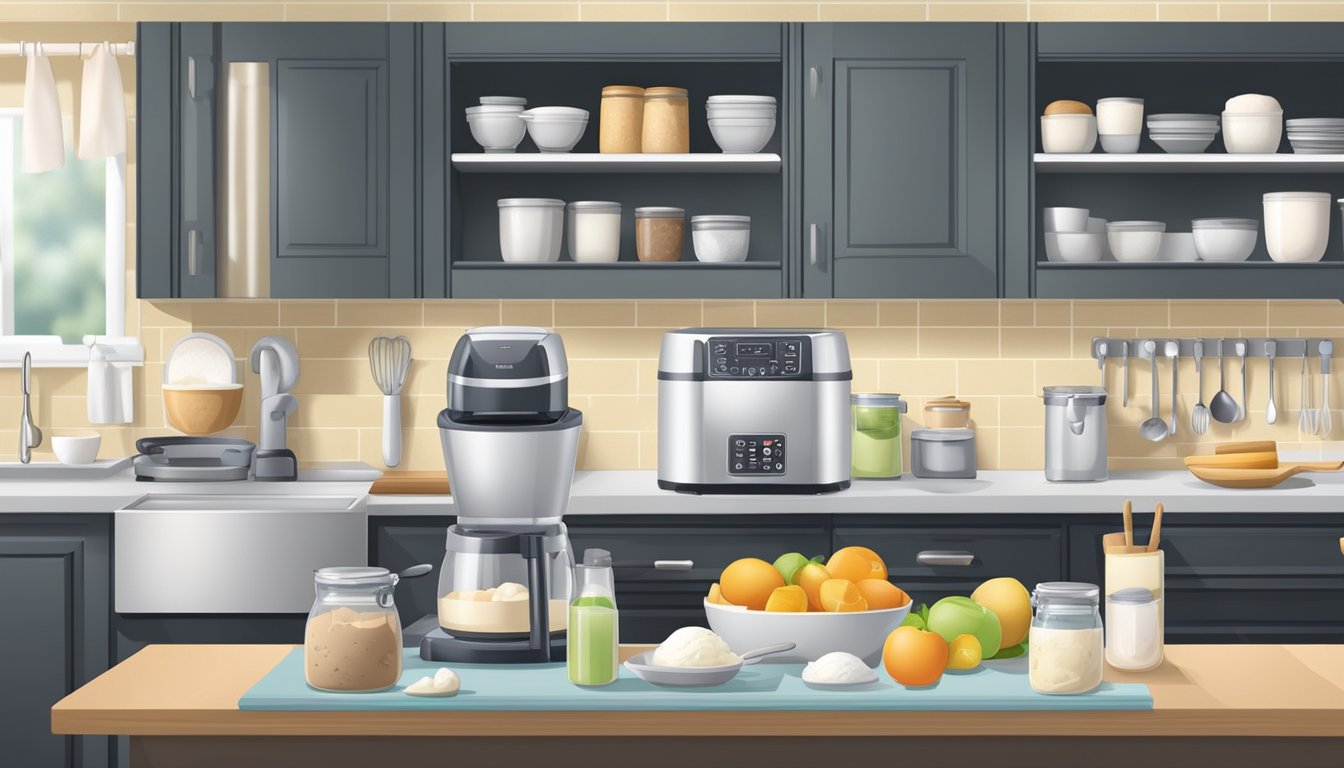 A well-organized kitchen with labeled containers of ingredients, a clean and ready-to-use ice cream maker, and a neatly arranged set of cooking utensils