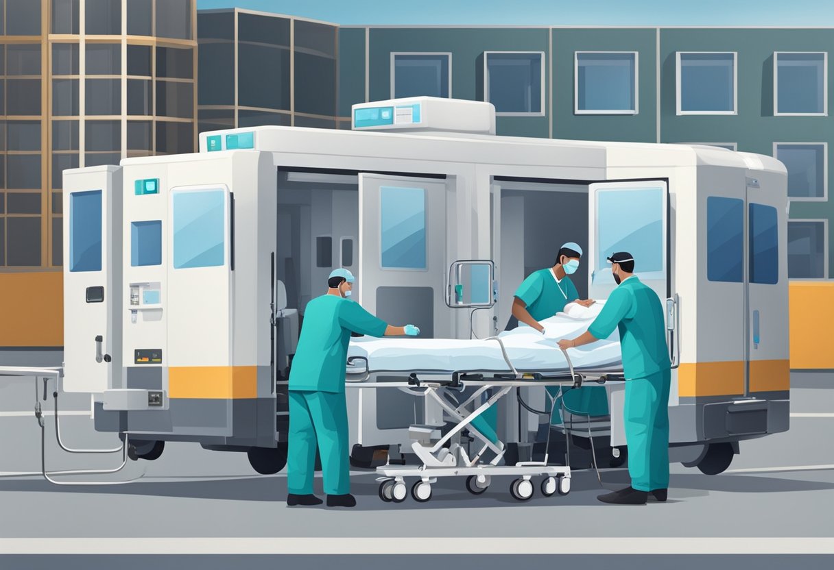 UTI Móvel Particular: Solução Eficiente para Emergências Médicas 1 Uma UTI móvel privada estacionada do lado de fora de um hospital, com equipamentos médicos e uma equipe de profissionais de saúde se preparando para transferir um paciente.