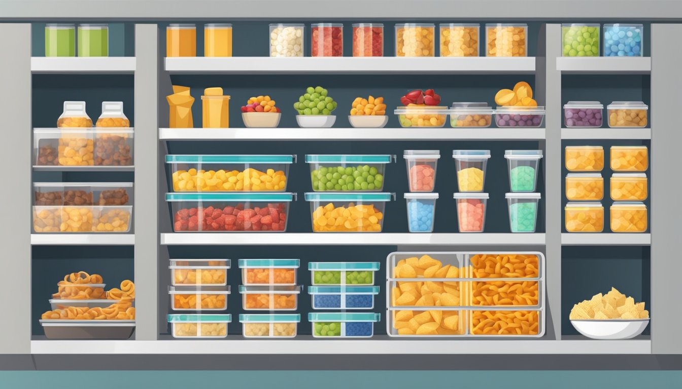 Stackable containers hold various snacks, neatly organized on kitchen shelves