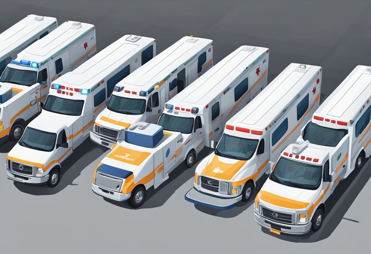 UTI Móvel Particular: Solução Eficiente para Emergências Médicas 3 Uma frota de várias ambulâncias estacionadas em uma fila, cada uma exibindo características e equipamentos únicos para cuidados médicos especializados.