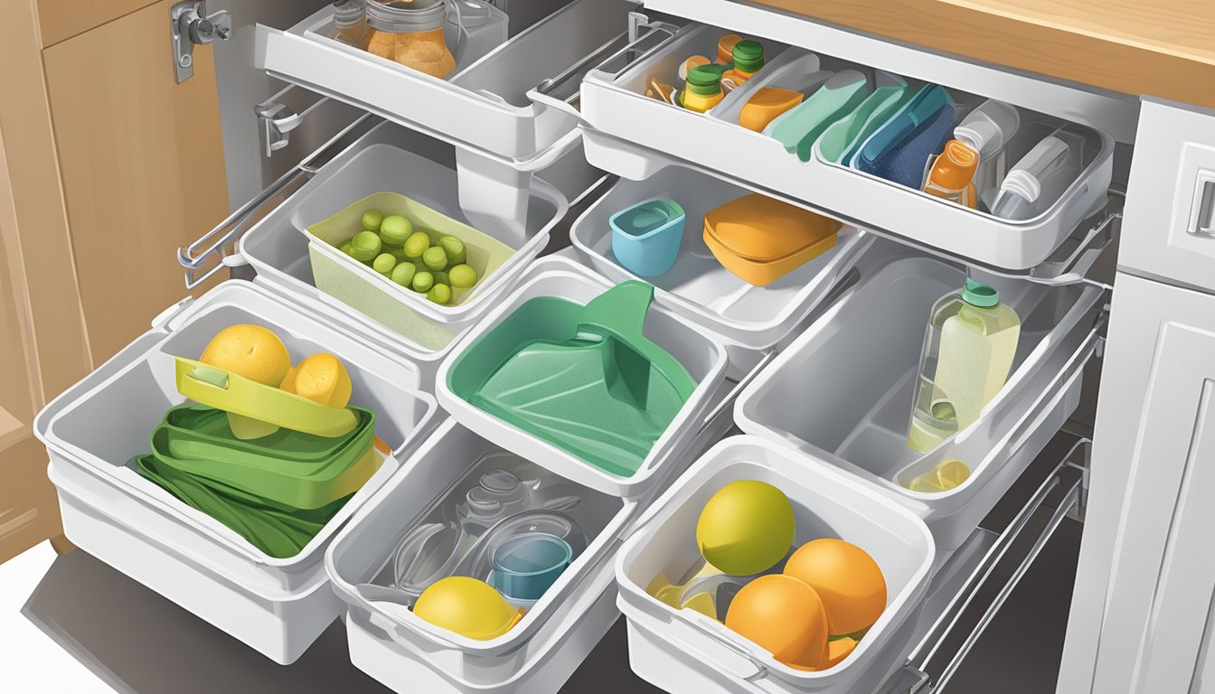 Stackable tubs neatly organize under-sink items in a clutter-free kitchen