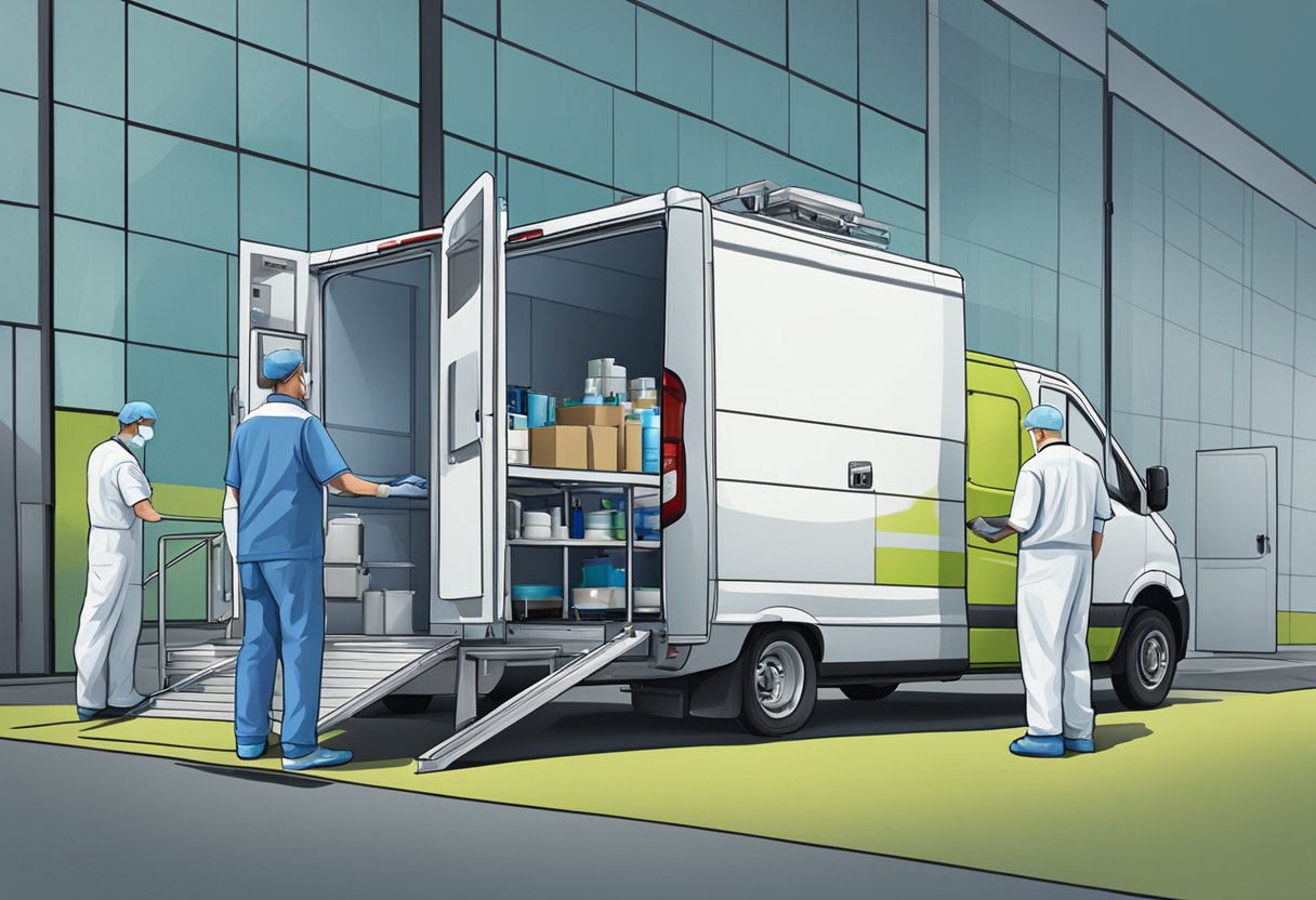 UTI Móvel Particular: Solução Eficiente para Emergências Médicas 5 Uma van de UTI móvel estacionada do lado de fora de uma instalação privada, com equipamentos médicos sendo descarregados pela equipe.