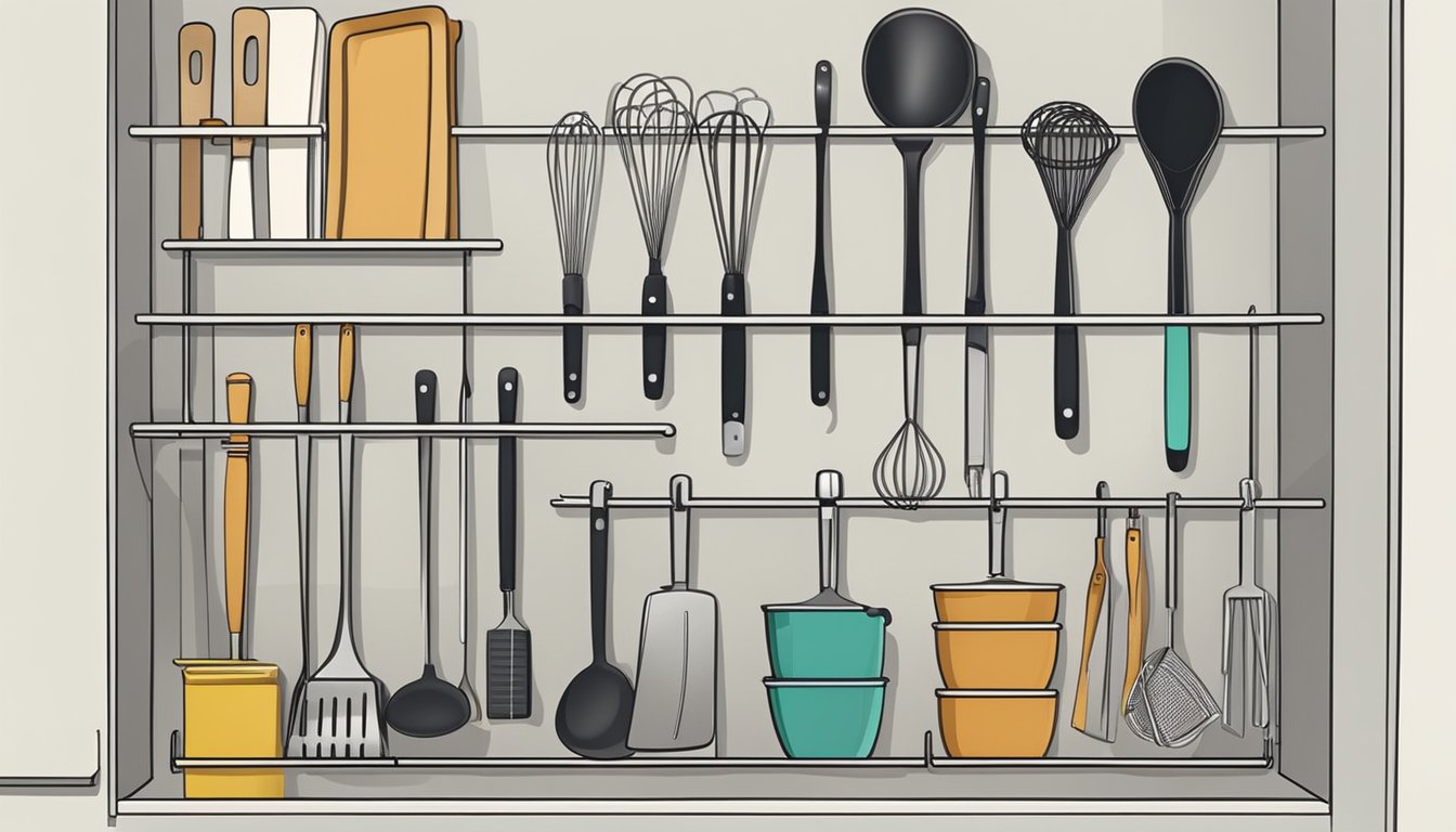 Various kitchen utensils neatly organized in an over-the-door organizer. Whisks and spatulas are placed in designated pockets, showcasing clever storage solutions