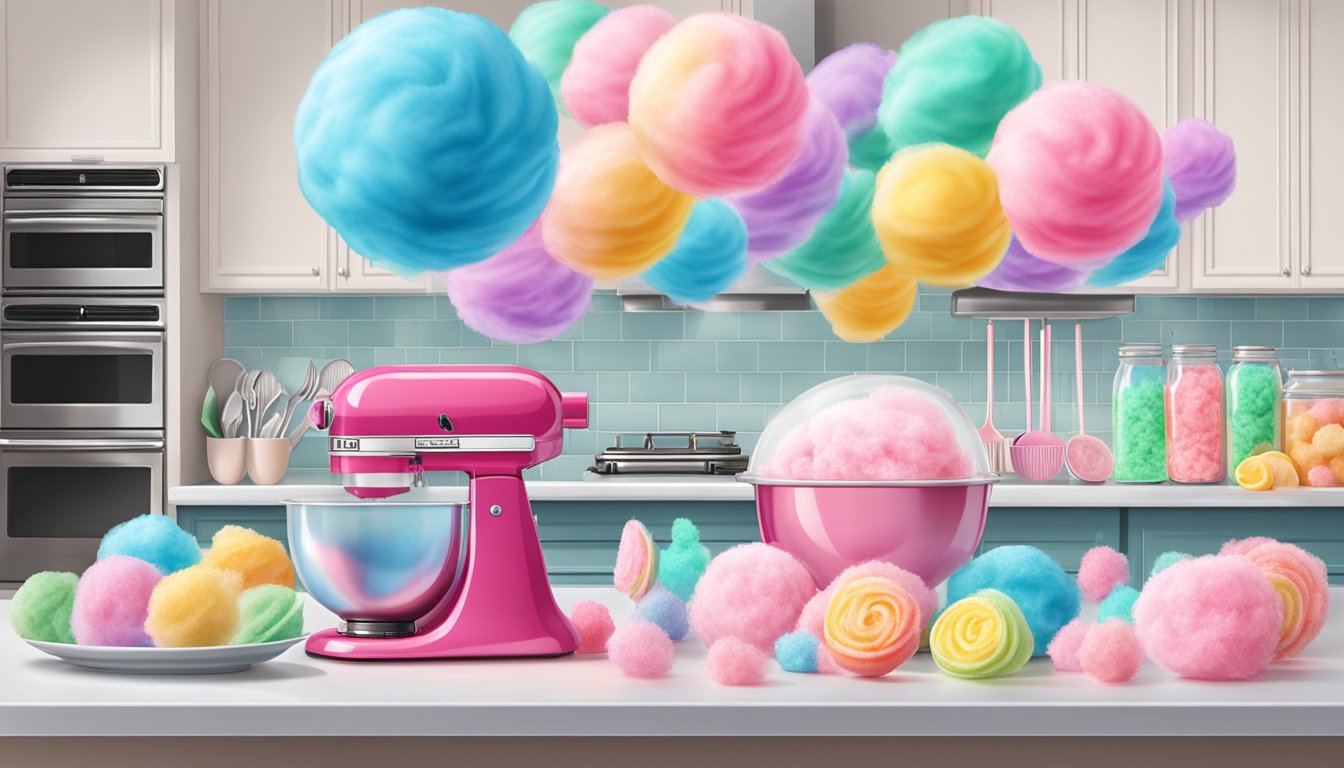 A vibrant cotton candy machine stands as a colorful centerpiece in a well-organized kitchen for a dinner party