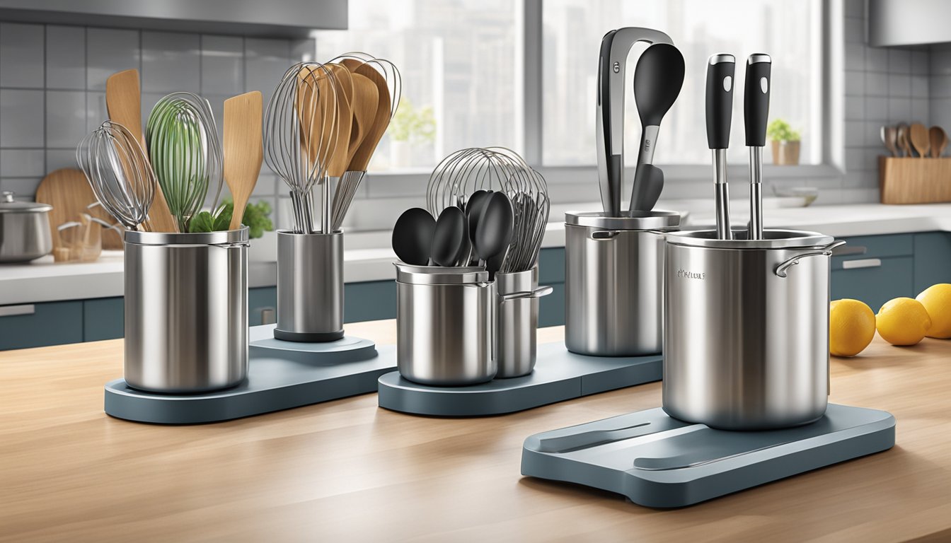 A rotating utensil holder displaying various whisks and spatulas in a modern kitchen setting