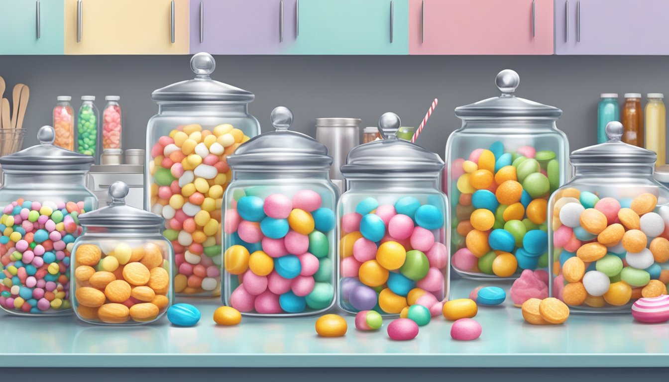 Clear glass jars neatly arranged on a kitchen counter, filled with colorful candies and toppings, ready for a dinner party with a cotton candy machine