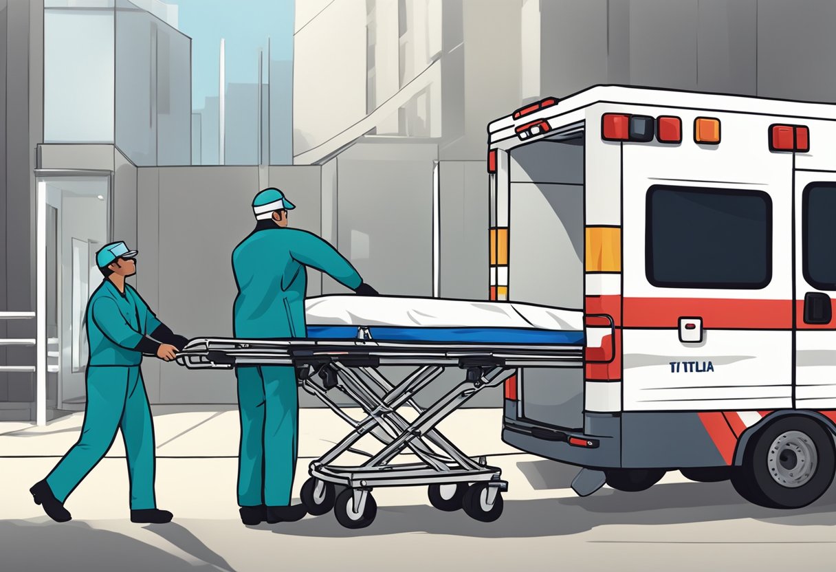 Uma maca médica sendo carregada em uma ambulância por dois paramédicos