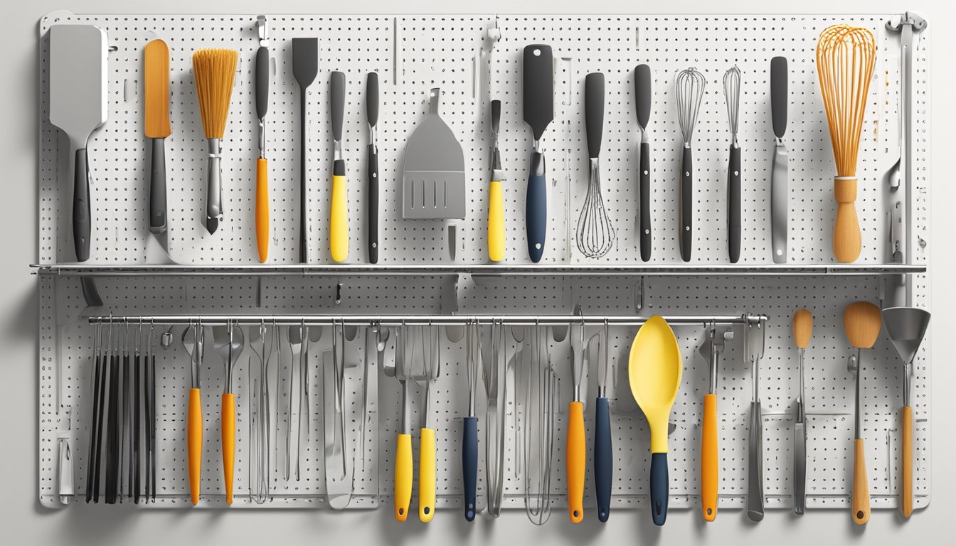 A wall-mounted pegboard with neatly arranged whisks and spatulas in various clever storage solutions