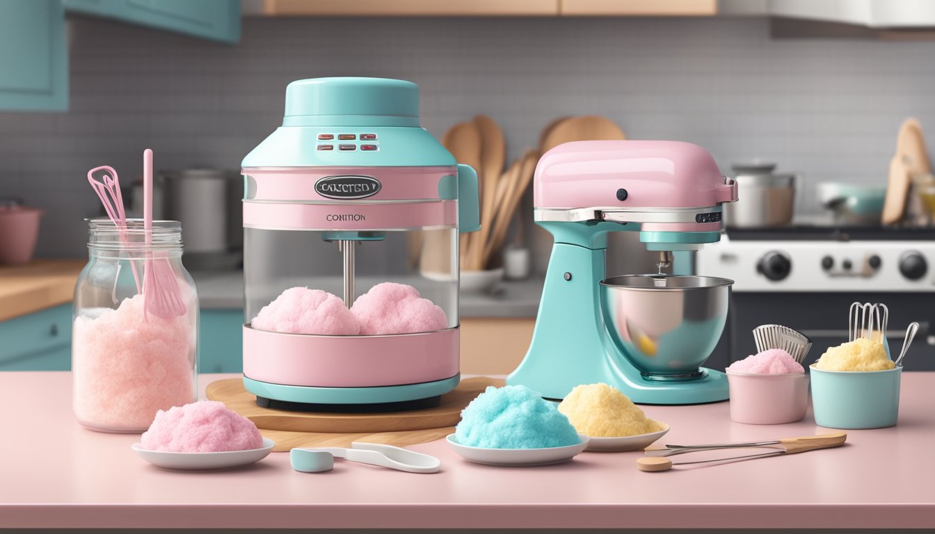 Miniature tongs placed next to a cotton candy machine on a clean kitchen counter, with neatly organized kitchen tools and ingredients nearby