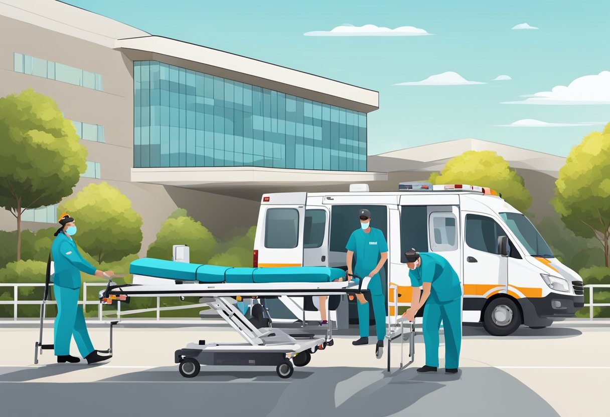 Um veículo de transporte médico estacionado do lado de fora de um hospital, com uma maca sendo carregada por dois paramédicos.