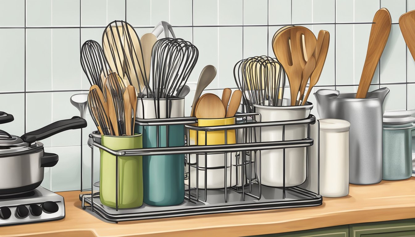 A tiered basket organizer holds whisks and spatulas in a tidy kitchen scene