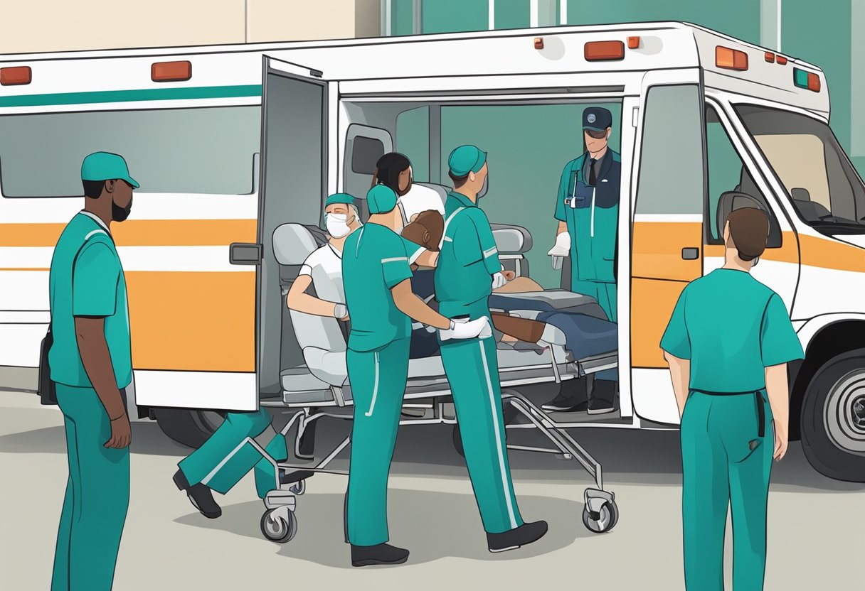 Uma equipe de alta hospitalar ajuda um paciente a entrar em uma ambulância à espera, enquanto a equipe médica supervisiona o processo de transferência.