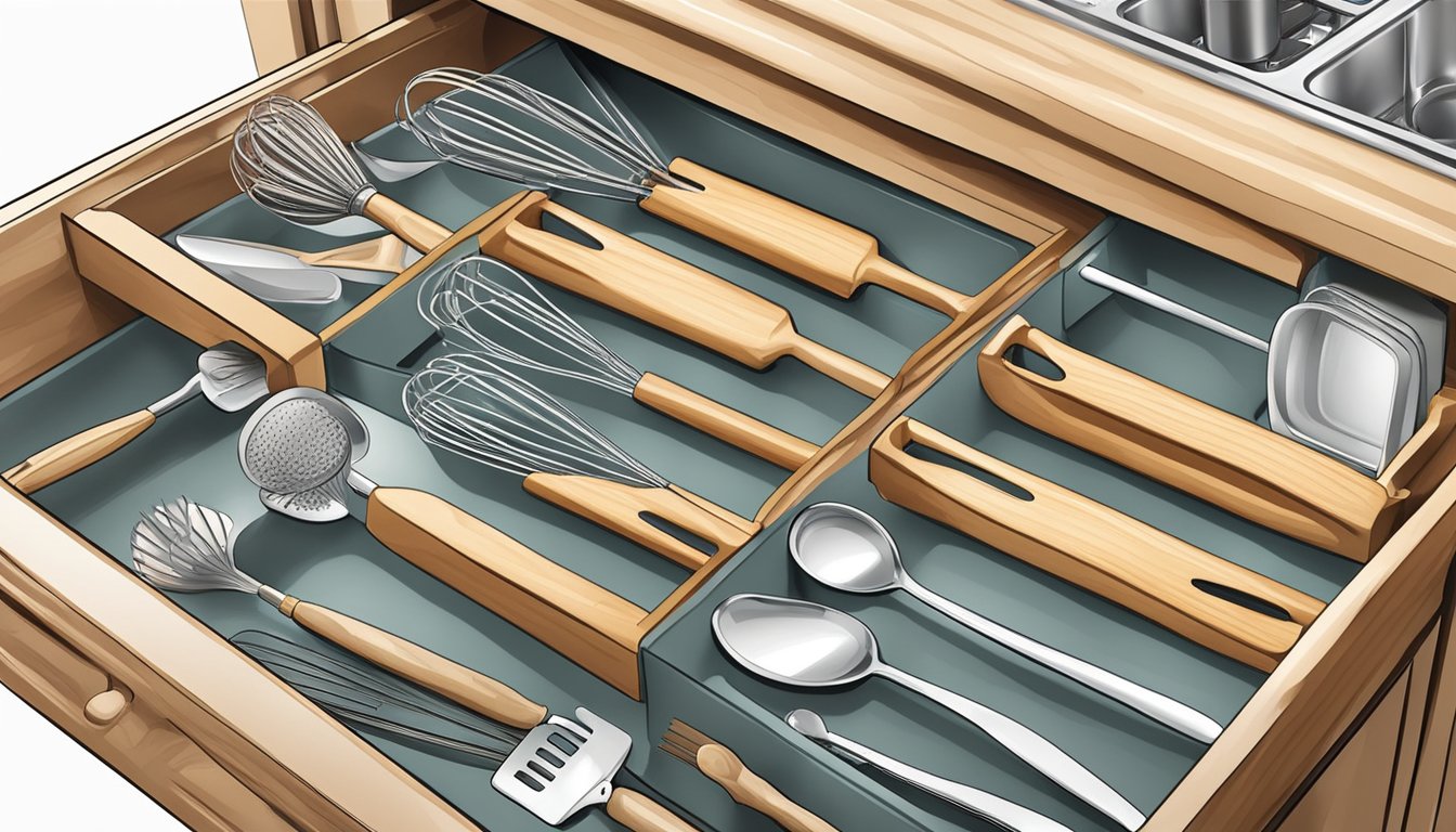 A kitchen drawer with organized divider inserts holding various whisks and spatulas