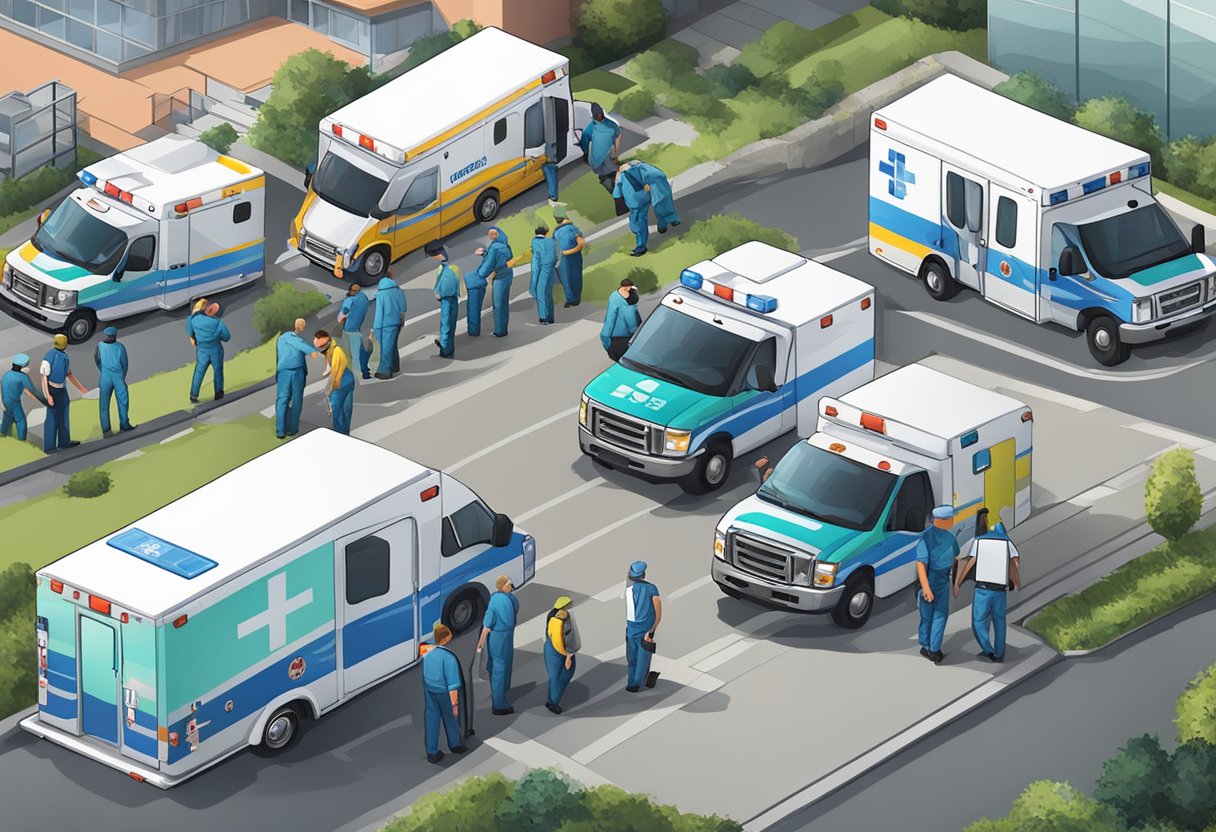 Uma frota de ambulâncias estacionadas do lado de fora de uma unidade médica, com paramédicos colocando um paciente em uma maca.