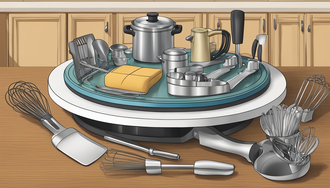 A lazy Susan turntable displaying various clever ways to store whisks and spatulas