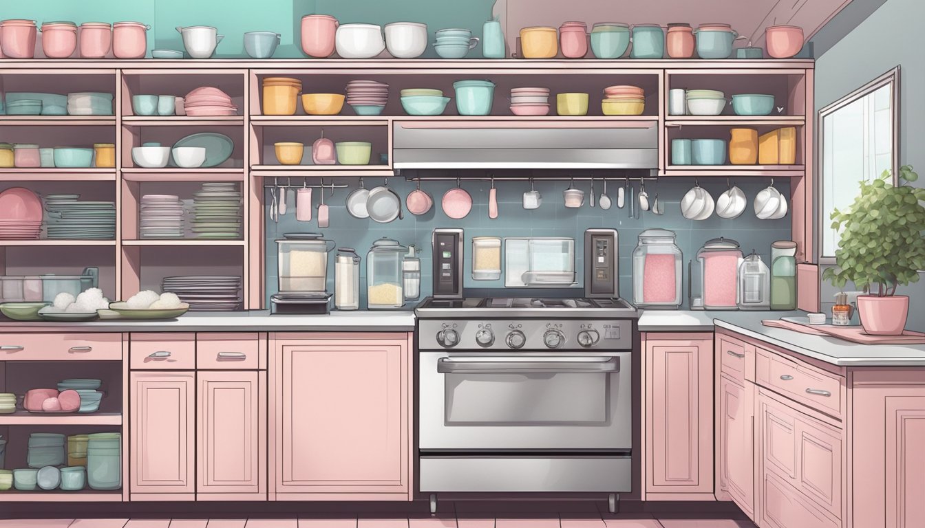 A modern, organized kitchen with sleek countertops and shelves neatly storing dinnerware, utensils, and ingredients. A cotton candy machine sits on the counter, ready for use