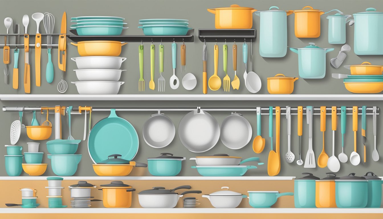 Various kitchen utensils are neatly organized in clever storage solutions, such as hanging racks, magnetic strips, and drawer dividers