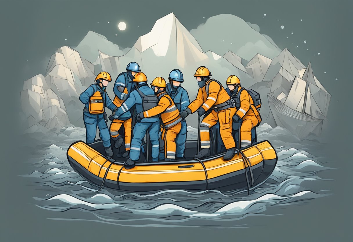 Resgate de Dependentes Químicos: Abordagens Eficazes e Suporte Essencial 2 Um grupo de socorristas guiando um indivíduo desorientado em direção a um ambiente seguro e acolhedor, cercado por símbolos de esperança e recuperação.