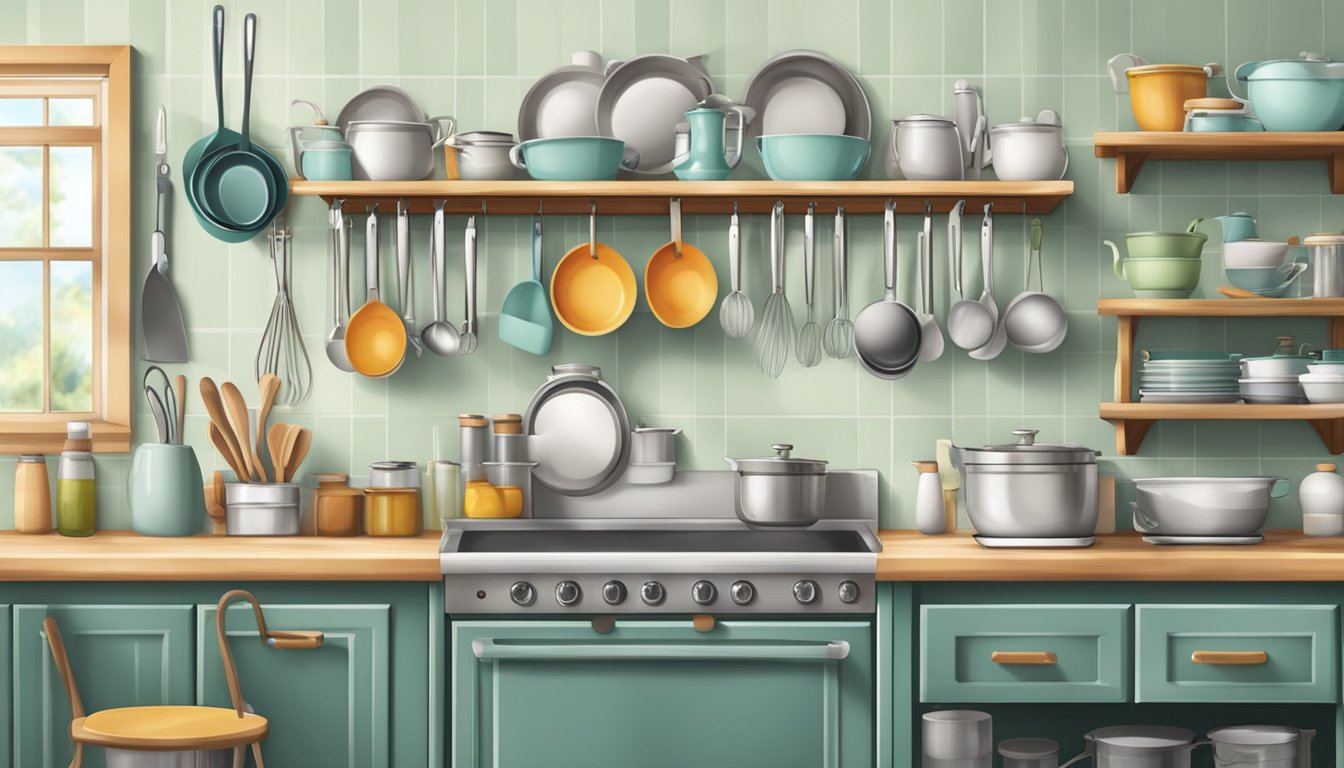 A kitchen wall with various hooks and shelves holding neatly organized whisks and spatulas