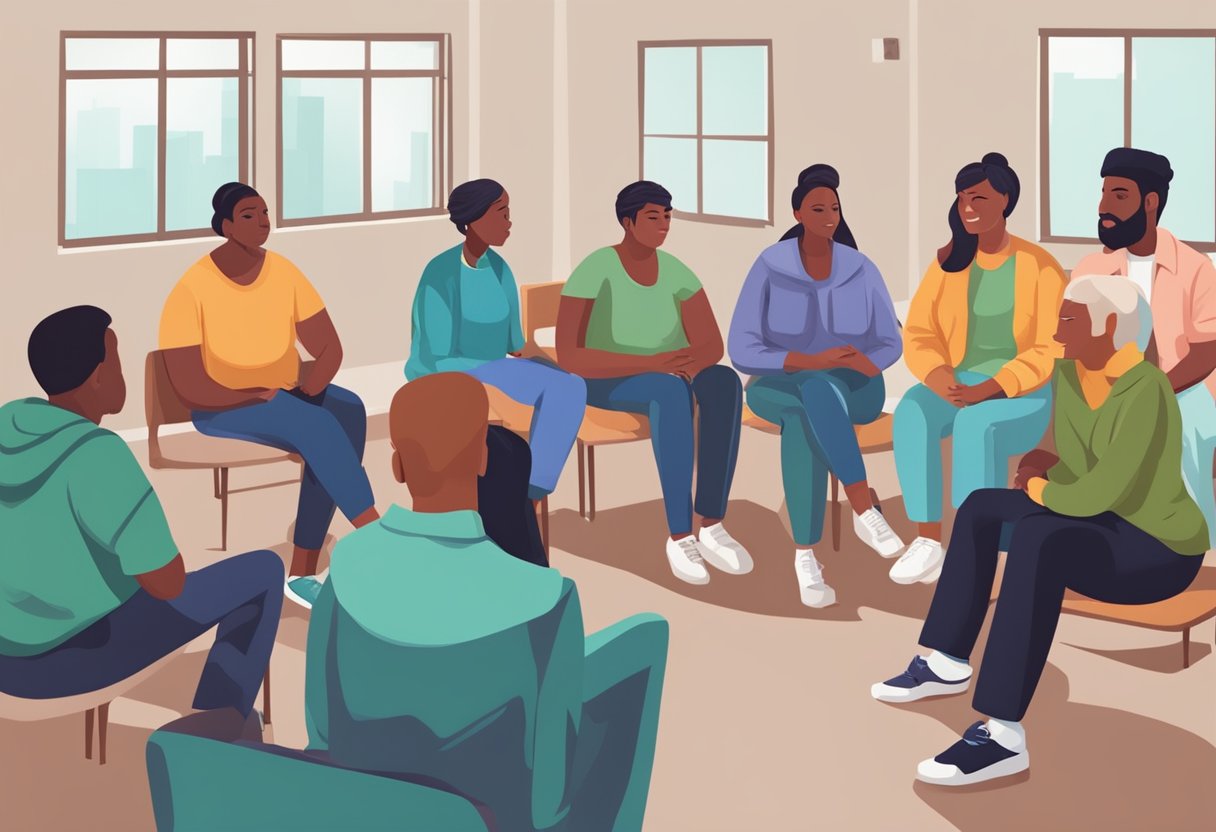 Resgate de Dependentes Químicos: Abordagens Eficazes e Suporte Essencial 6 Um grupo de pessoas oferecendo apoio a dependentes em recuperação em um centro comunitário. Recursos financeiros e emocionais estão sendo fornecidos para ajudá-los a se reintegrar à sociedade.